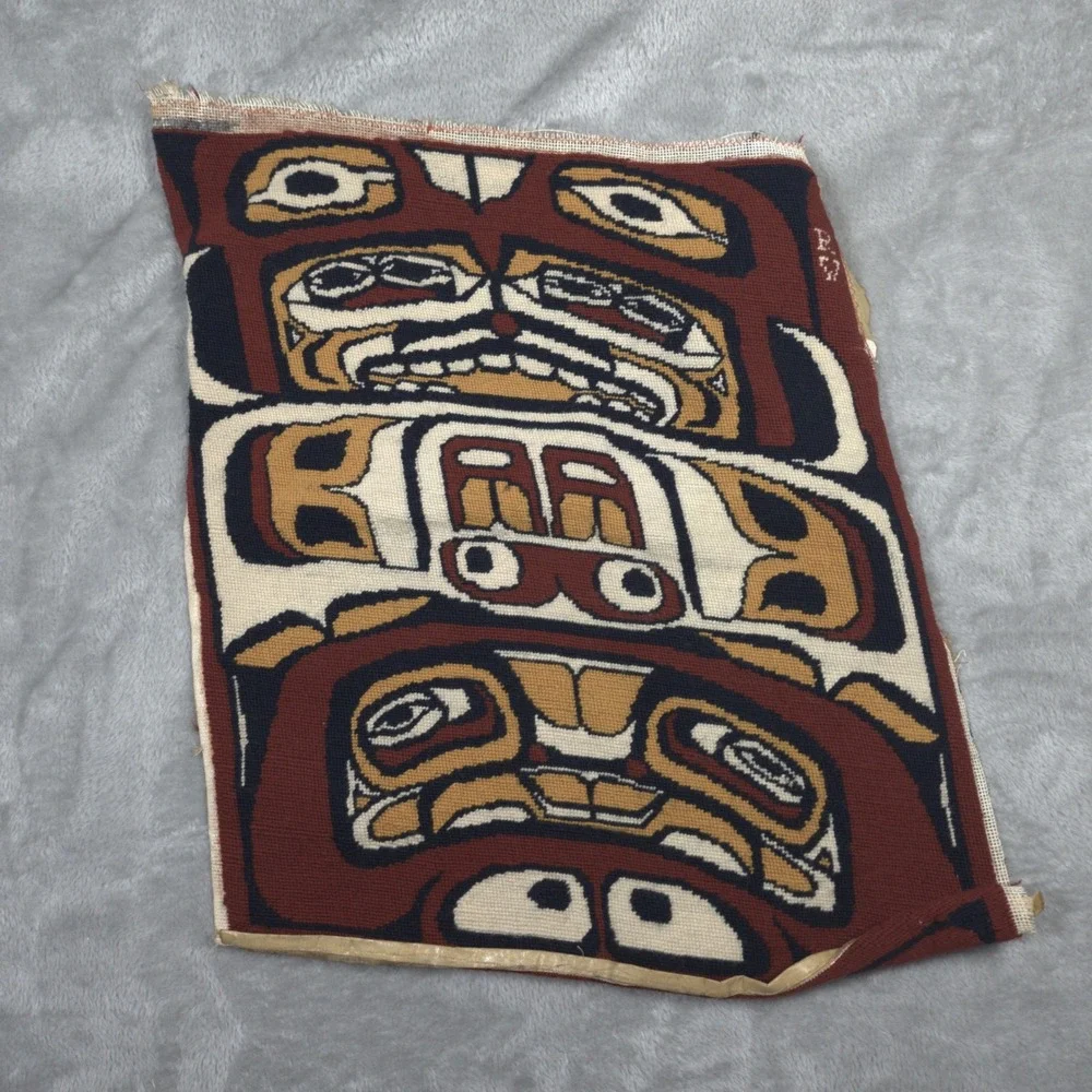 Vintage Pacific Northwest Needlepoint Textile Totem Pole Art Tribal Handmade